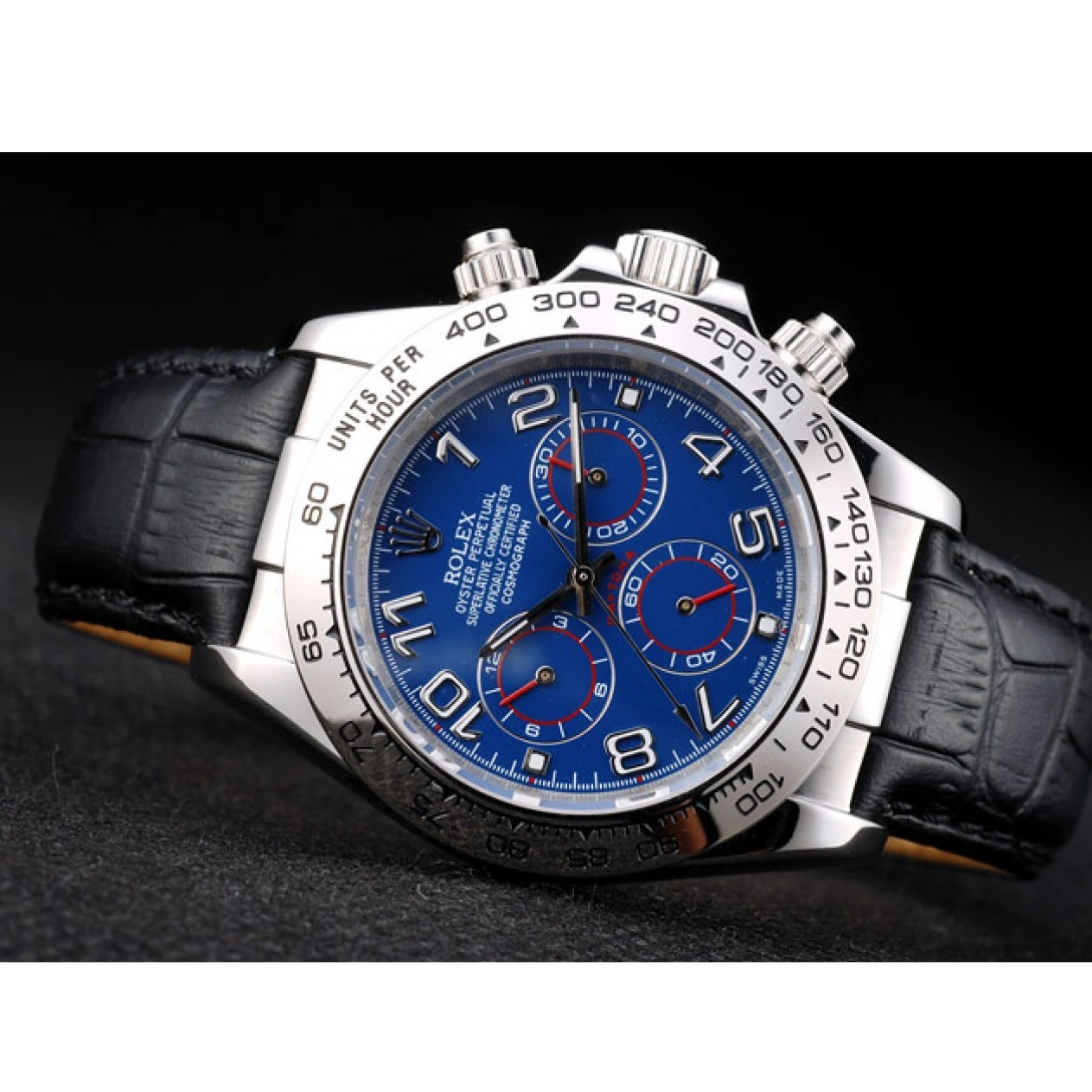Good copy rolex watches Stainless Blue Rolex Case Steel Black Dial Daytona Strap Leather 0816